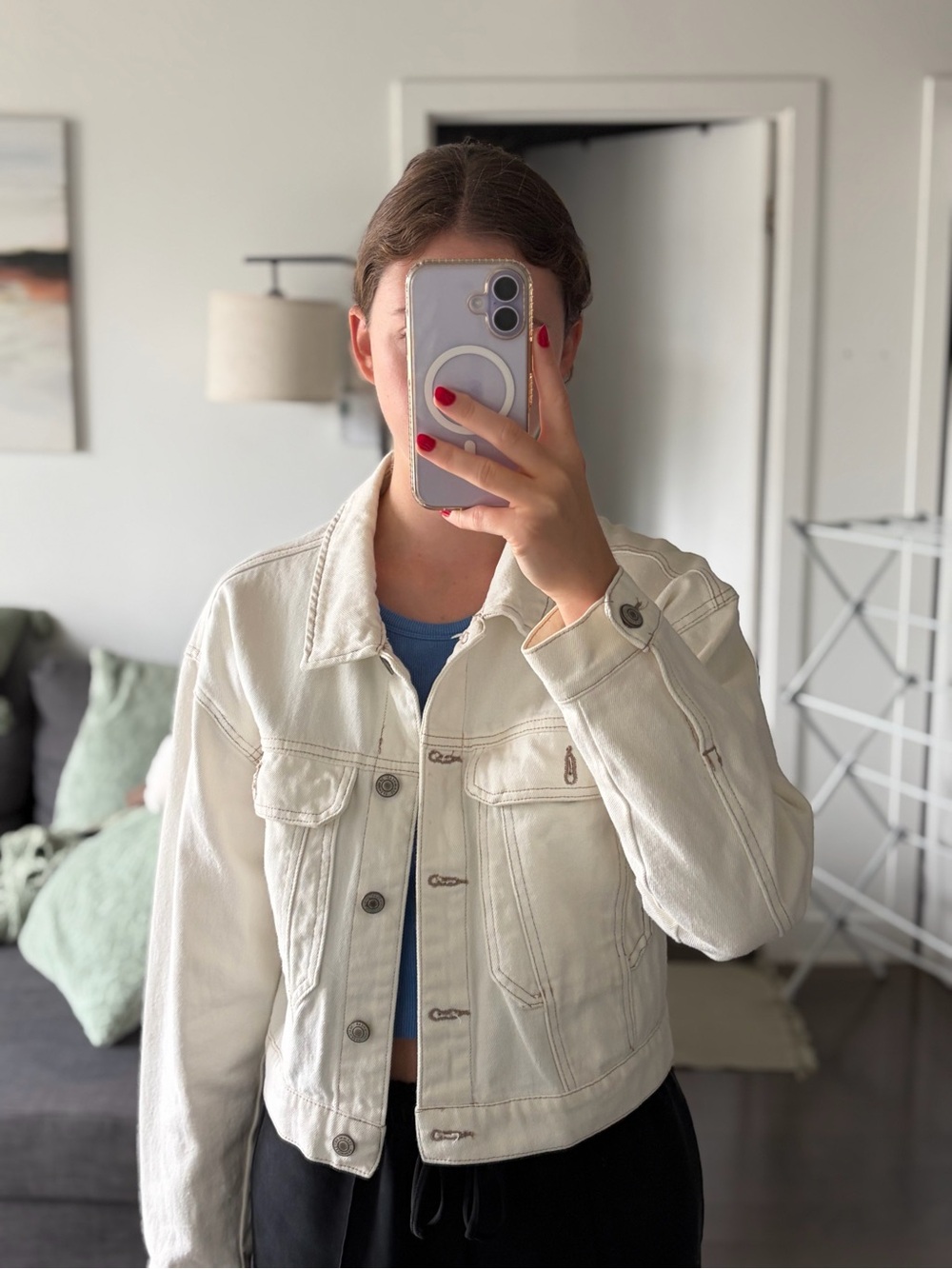 Cropped White Denim Jacket - Women's Casual Jean Jacket